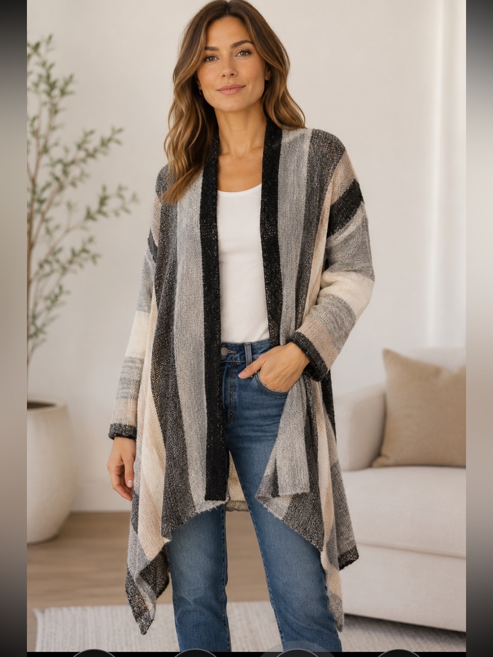 Spense Black and Gray Striped Wool/Aloaca Blend Cardigan